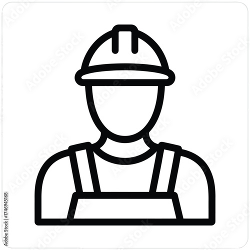 Simple icon of a construction worker with hard hat and overalls
