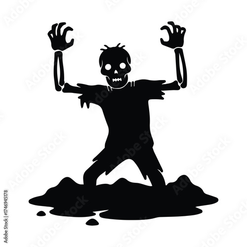 Black Silhouette Zombie Rising from the Ground for Halloween themed events and posters representing horror fantasy and undead creatures in minimalistic vector design