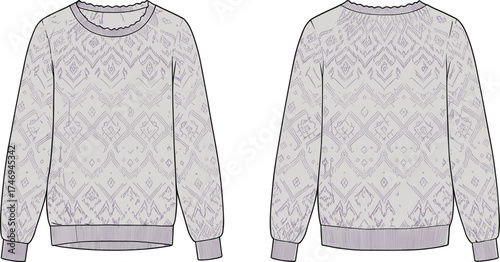 CAD drawing flat vector illustration of knitted sweater with soft geometric ethnic pattern, front and back view fashion garment design template
