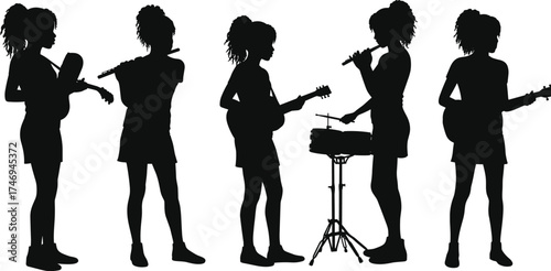 Musician silhouettes playing instruments, violin, flute, acoustic guitar, electric guitar, xylophone, performance, music design, entertainment, art, sound, creativity