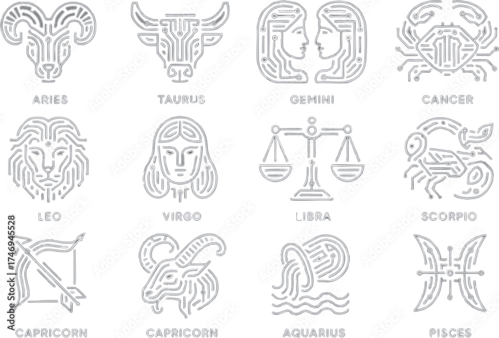 Fototapeta premium 12 zodiac icons on a vector sheet, clean layout, solid colors only, no gradients, sharp lines, consistent style, balanced grid, high-quality vector illustration, scalable SVG, no texture or blur.
