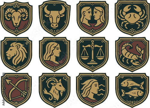 12 zodiac icons on a vector sheet, clean layout, solid colors only, no gradients, sharp lines, consistent style, balanced grid, high-quality vector illustration, scalable SVG, no texture or blur.