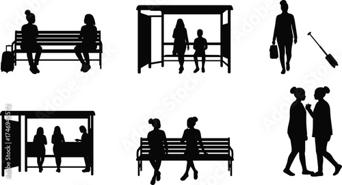 People silhouettes at bus stop, bench, suitcase, handbag, waiting, walking, conversation, public transport, travel, urban lifestyle, social interaction, design