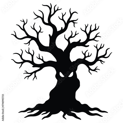 Spooky Halloween Tree Silhouette with Glowing Eyes and Bare Branches for Festive Decorations and Creepy Invitations