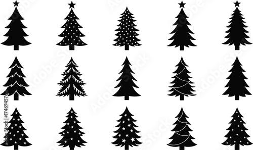 Christmas tree silhouette set with varied shapes, decorations, and star toppers for festive, seasonal, and holiday vector illustration design