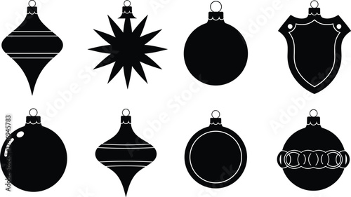 Christmas ornament silhouette set featuring diverse shapes and decorative styles for festive, seasonal, holiday, and vector illustration design