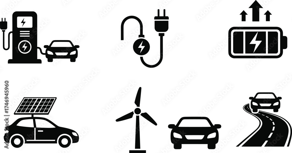 Fototapeta premium Electric vehicle charging, solar car, wind energy, battery power, clean transportation, renewable energy icons for eco-friendly mobility and sustainability