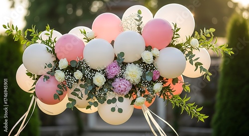 Arrangement of pink and white balloons with flowers and greenery.
