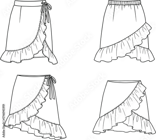 CAD drawing flat vector illustration of women skirt design with layered ruffle hem, wrap style, front and back fashion garment template