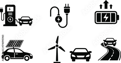 Electric vehicle charging, solar car, wind energy, battery power, clean transportation, renewable energy icons for eco-friendly mobility and sustainability