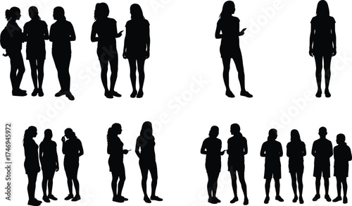 People silhouettes in groups, standing, conversation, mobile phone use, social interaction, communication, teamwork, body language, lifestyle, modern society, design
