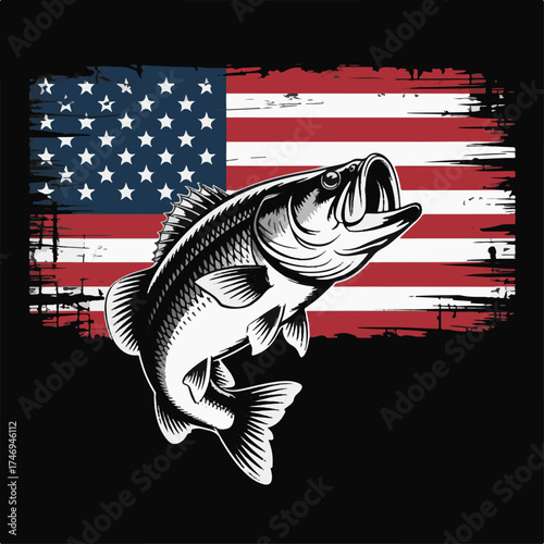 Leaping Bass Fish on Distressed American Flag Background Vector