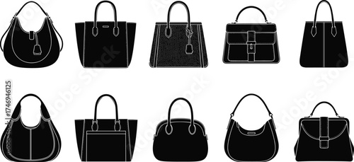 Handbag silhouette collection featuring diverse styles—tote, satchel, hobo, and clutch—for fashion, retail, and accessory vector design