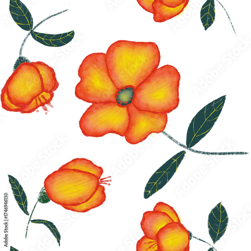 Seamless pattern with digital drawing of flowers in shades of red and yellow with green leaves on a transparent background