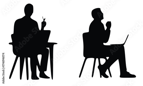 Black silhouettes of business people including a woman sitting at an office desk working on a laptop computer with coffee and a phone nearby, all in vector illustration