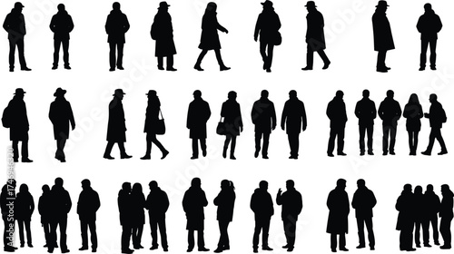 Human silhouette poses, solo, pair, and group interactions for social design, posture study, and creative vector illustration concepts