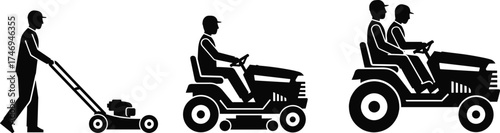 Lawn mower operator silhouette set featuring walk-behind, ride-on, and commercial-grade machines for landscaping, gardening, and vector illustration design