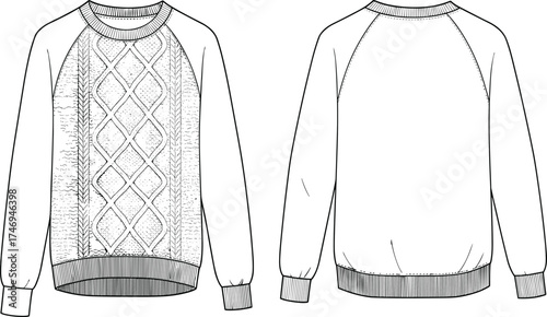 CAD drawing flat vector illustration of women’s cropped sweatshirt with balloon sleeves, striped ribbed hem cuffs, casual streetwear fashion apparel design