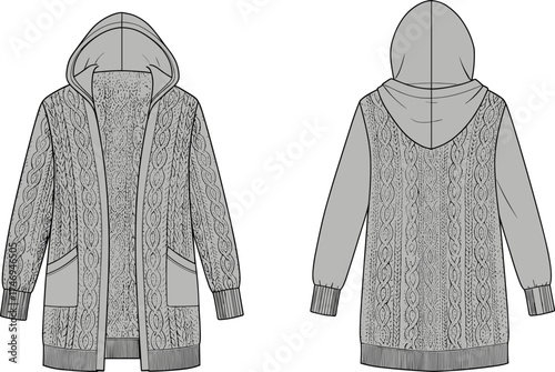 CAD drawing flat vector illustration of women’s hooded long cardigan with cable knit texture, patch pockets, ribbed cuffs, cozy casual fashion template