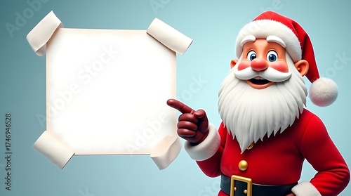 Santa Pointing at Blank Paper for Christmas Message on Blue Background
