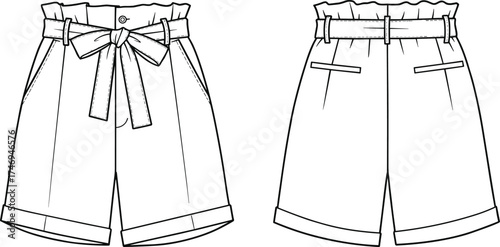 CAD drawing flat vector illustration of women’s paper bag shorts with waist tie belt, rolled hem, pockets, back welt pockets, fashion sketch