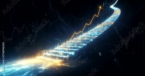 Glowing stairs with an upward arrow chart ascend into darkness.