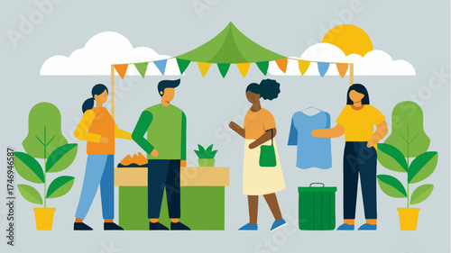 An outdoor market scene with vendors selling upcycled clothing and accessories with banners promoting sustainability and ecoconscious living.