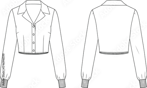 CAD drawing flat vector illustration of women’s pullover sweatshirt with half zipper, ribbed high collar, long sleeves, casual fashion apparel clothing template