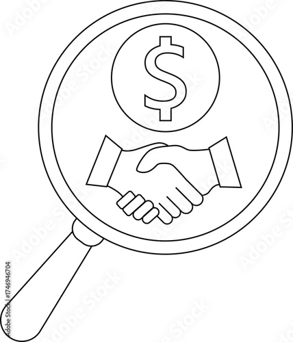 A magnifying glass focuses on a handshake below a dollar sign symbolizing financial agreements and deals