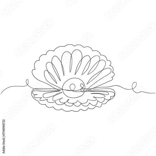 Continuous one line drawing of open oyster shell. Seashell symbol and banner of beauty spa and wellness salon in simple linear style. Editable stroke. Outline Vector illustration