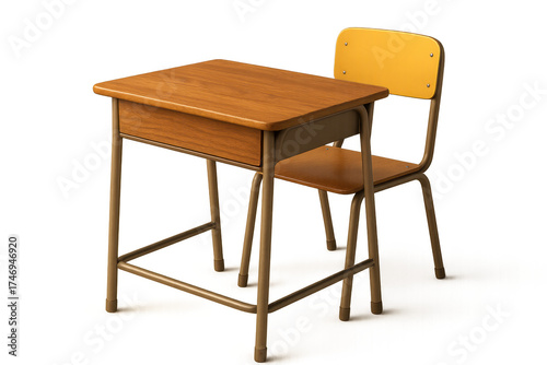 Wooden school desk and chair on transparent background