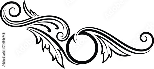 Elegant Black Ornamented Vine with Swirls and Circle on Transparent Background
