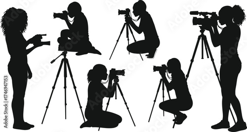 Photographer silhouettes with cameras, tripod setup, standing, kneeling, squatting, sitting positions, videography, filming, professional photography, camera operator, motion study