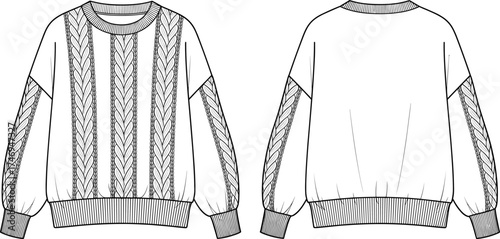 Chevron knit sweater technical fashion sketch, balloon sleeves, ribbed cuffs and hem, front and back view, cad drawing flat vector illustration