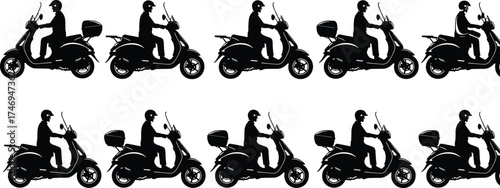 Scooter rider silhouette set with helmeted figures and varied scooter designs for transport, urban mobility, and vector illustration