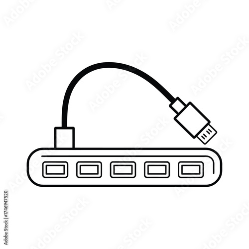 Simple line drawing of a four port usb hub with cable