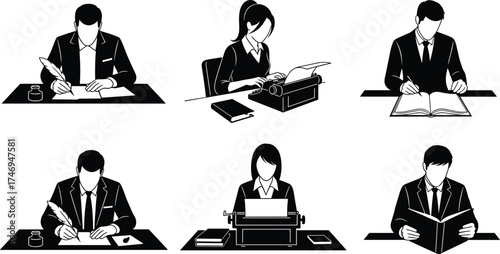 Silhouettes of people reading and writing with quills, typewriters, and books for vintage, educational, and creative vector illustration