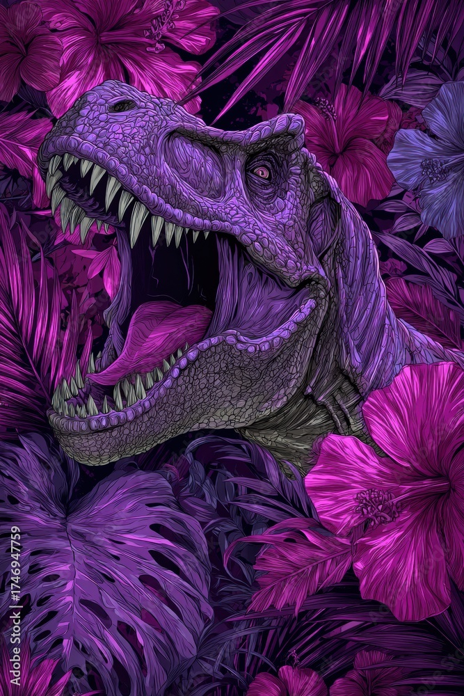 Naklejka premium t-rex in the jungle, surrounded by exotic flowers