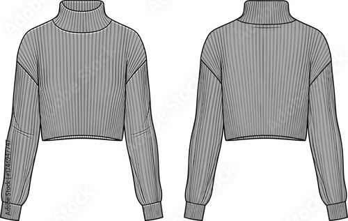 Cropped turtleneck sweater technical fashion sketch, front and back view, ribbed texture, flat vector illustration, garment design, cad drawing template