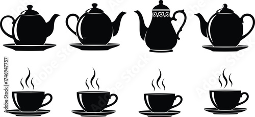 Teapot and teacup silhouette set with steam and saucers for beverage, kitchenware, and tea-themed vector illustration design