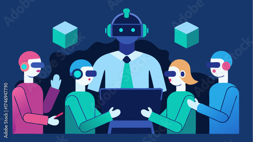 A virtual reality training session where participants wear advanced headsets while interacting with AIdriven avatars showcasing seamless collaboration between humans and robots.
