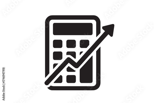 Black calculator icon with upward trending arrow graph increase