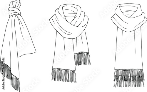 Different scarf styles front view with fringe edge detail, draped folds and wrapped neck design, fashion accessory CAD drawing flat vector illustration
