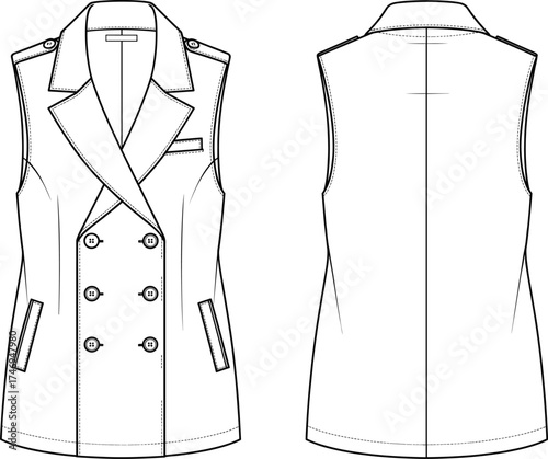 Double-breasted vest fashion sketch, sleeveless garment front and back view, cad drawing flat vector illustration for apparel design and garment construction