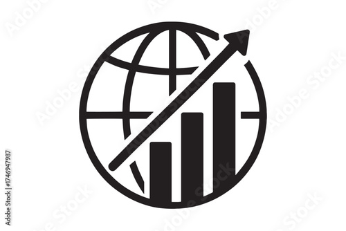 Black globe with rising bar graph and arrow icon on white background world earth