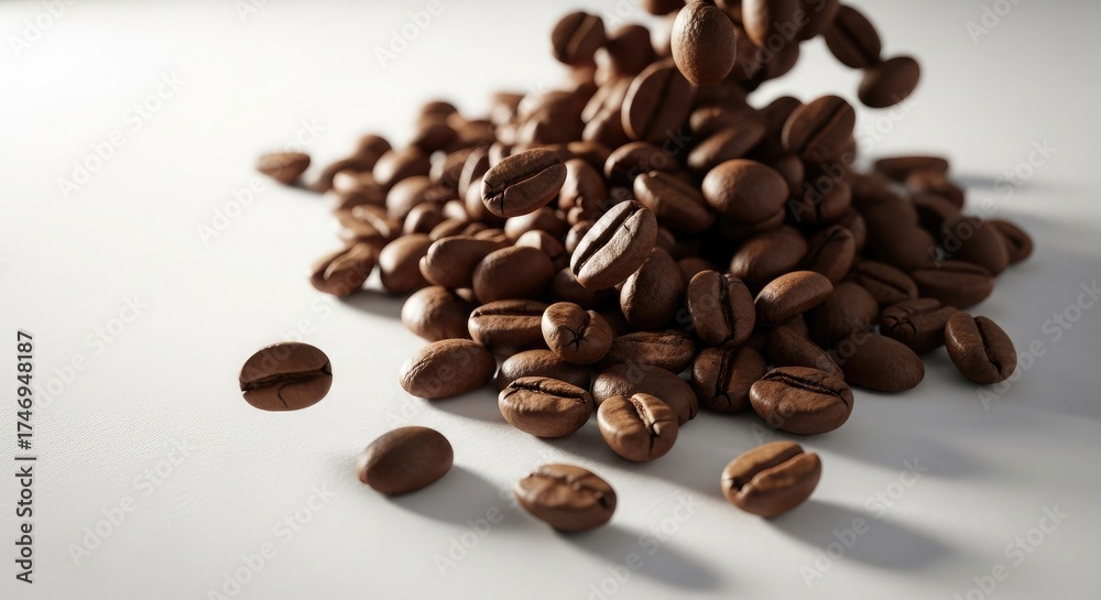 Naklejka premium Closeup macro of roasted brown coffee beans in a white bowl, cup,