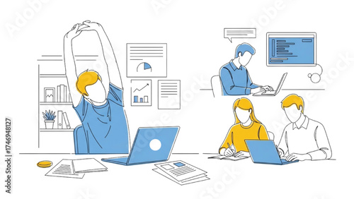 Minimalist Line Art – Office Team Meeting and Co-working Illustration, Professionals with Laptops and Documents in One Line Style