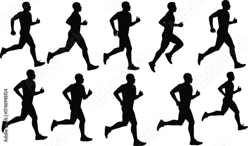 Running silhouettes, athletes in motion, jogging stride, fitness lifestyle, sport training, black figures, exercise activity, human locomotion, biomechanics, athletic performance