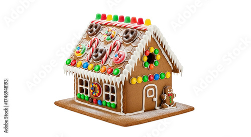 Christmas gingerbread house decorated with icing and candy isolated on a white background