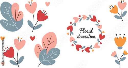 Floral with Heart Shape Flowers, Leaves, and Round Decoration on White